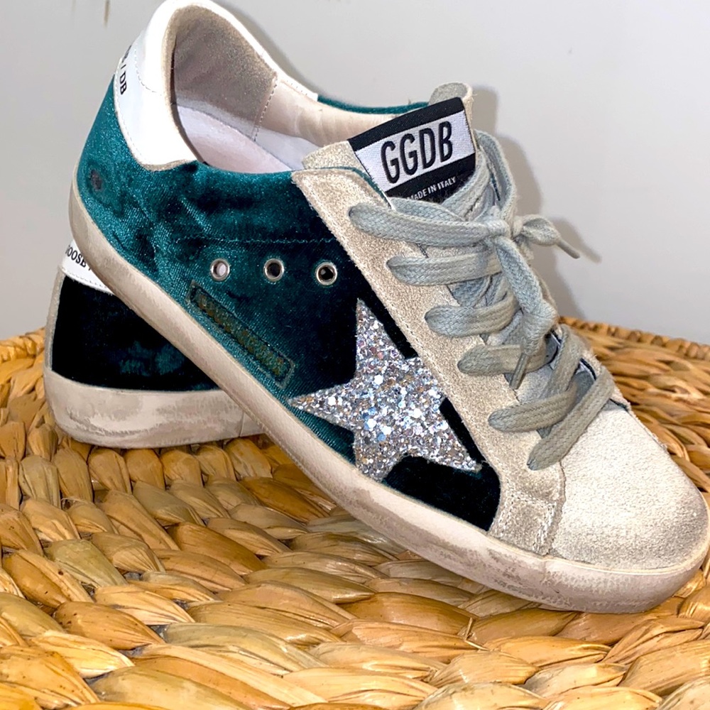 Rare Green Velvet Golden Goose with silver glitter star size 36.